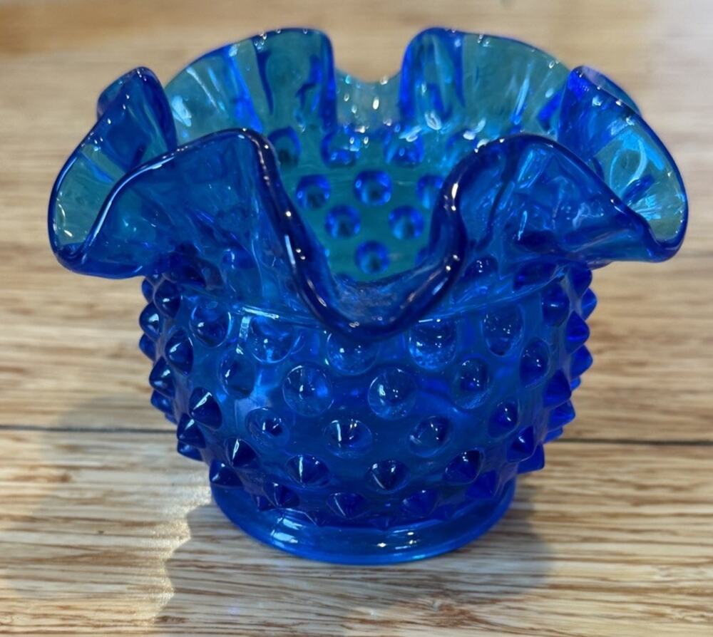 Vintage Fenton Art Glass Blue Hobnail Small Vase Ruffle 3” Collectible Decor